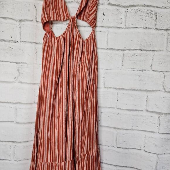 Lulus Womens Rust Striped Rayon Open Back Cutout Maxi Dress Size Medium - Picture 4 of 16